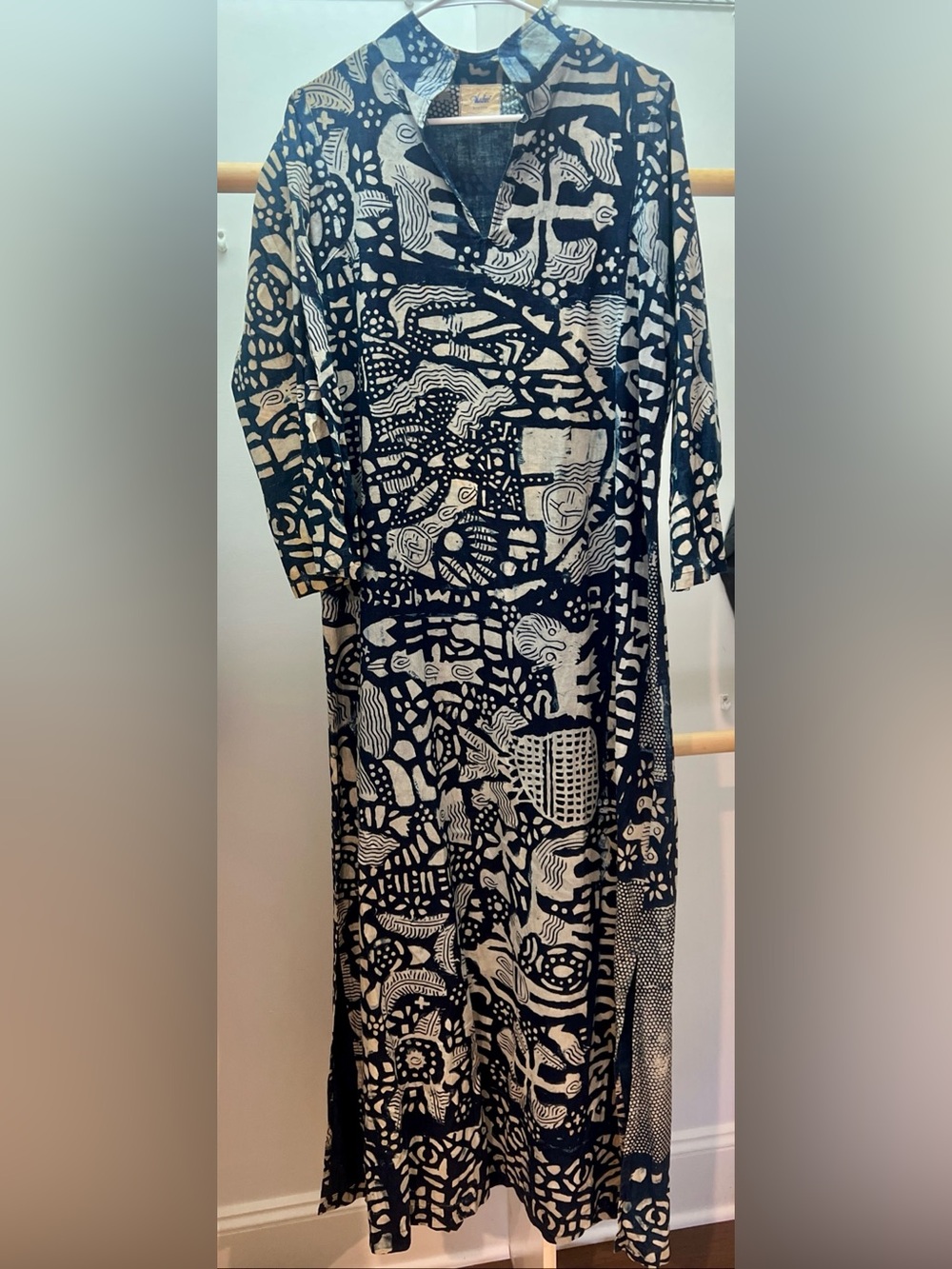 NWT ALADIRE Boston BOHO Indigo Batik Blue Maxi Dress Unique Sz L 3/4 sleeves